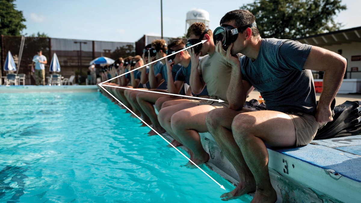 seated divers lined up along the edge of a pool. Depth of field creates a leading line.
