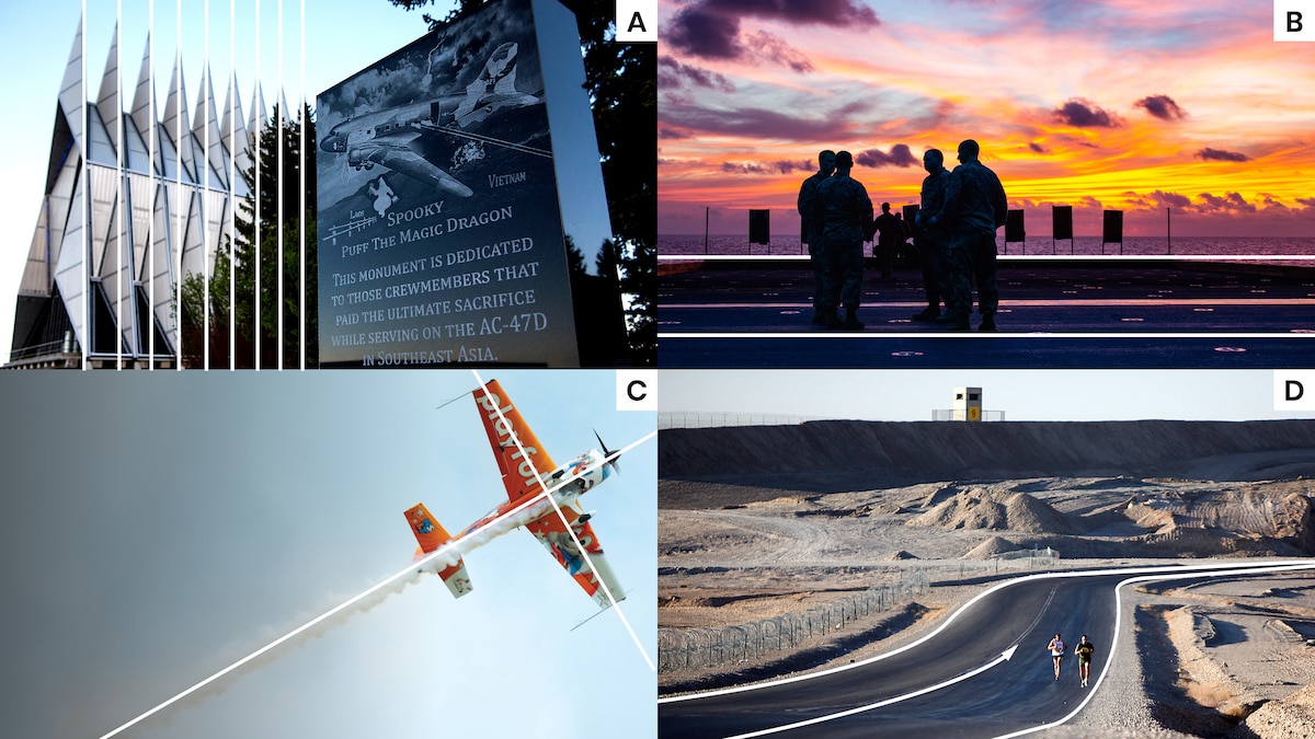 4-square image featuring a plane, a sunset, a curving road and a plaque. Each image represents a directional line a. vertical, b. horizontal, c. diagonal and d. curved.