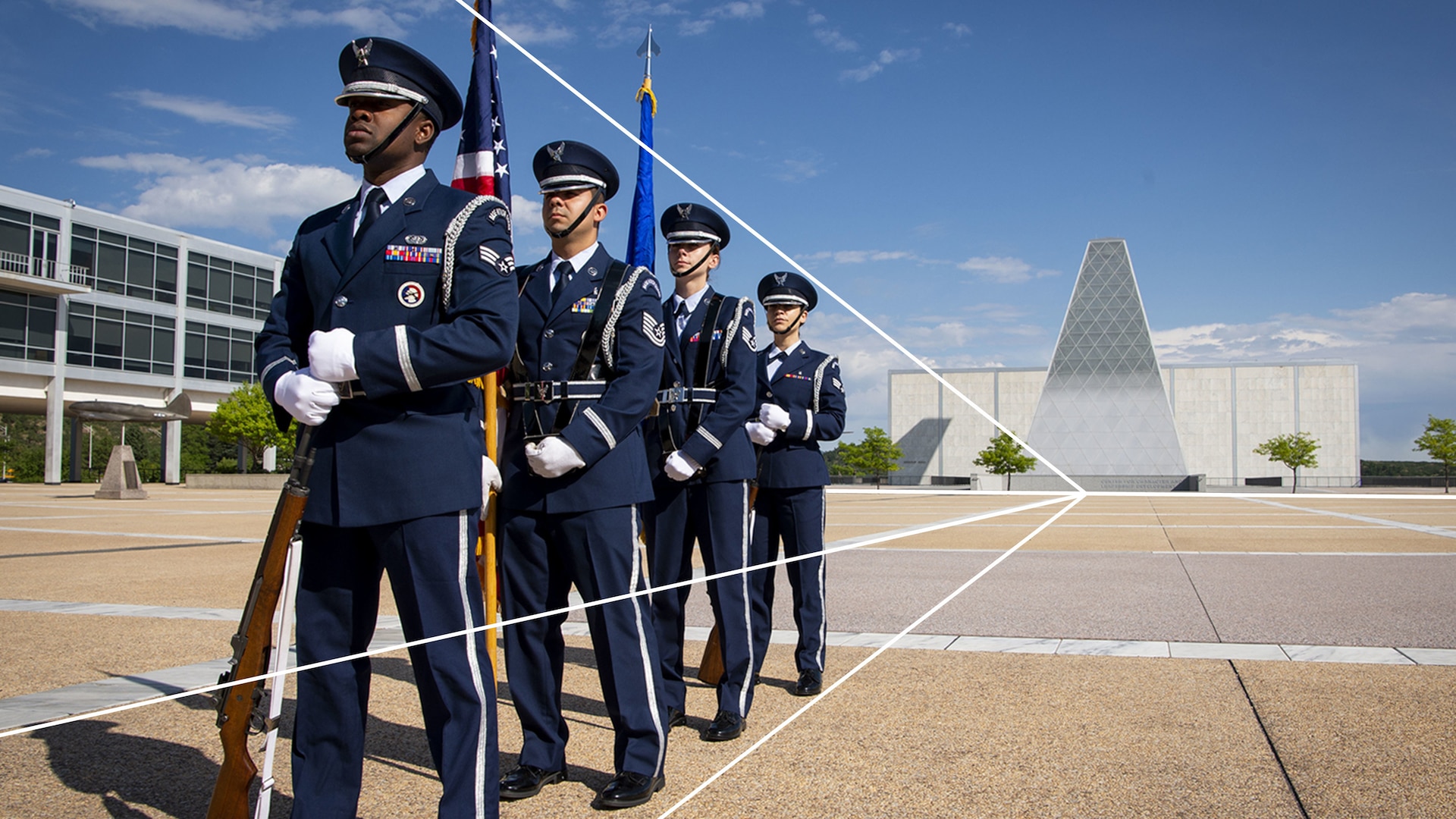 color guard standing on a plaza in the daytime. Multiple diagonal lines have been layered to show how triangles have been created.