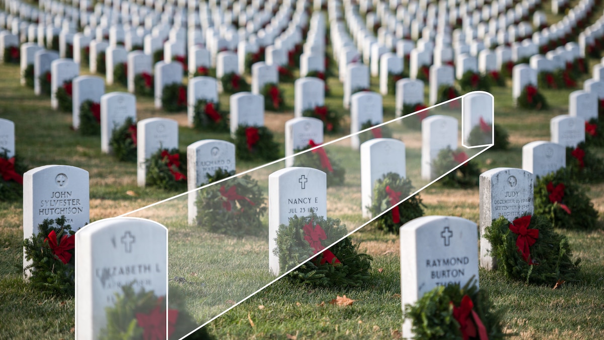 Headstones at Arlington National Cemetery, An overlay has been added to show how the headstone closest to the camera appears larger than the others.