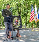 Lt. Col. Jonathan Allen, former Product Manager, Soldier Clothing and Individual Equipment addresses PEO Soldier staff and leadership during the change of charter on Ft. Belvoir, Va, June 12, 2020.