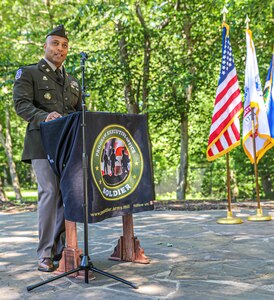Lt. Col. Jonathan Allen, former Product Manager, Soldier Clothing and Individual Equipment addresses PEO Soldier staff and leadership during the change of charter on Ft. Belvoir, Va, June 12, 2020.