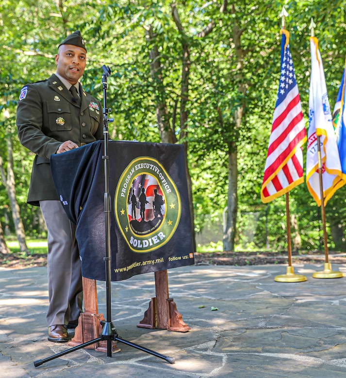 Lt. Col. Jonathan Allen, former Product Manager, Soldier Clothing and Individual Equipment addresses PEO Soldier staff and leadership during the change of charter on Ft. Belvoir, Va, June 12, 2020.