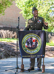 Lt. Col. Naim Lee, Product Manager, Soldier Clothing and Individual Equipment addresses PEO Soldier staff and leadership during the PdM SCIE change of charter on Fort Belvoir, Virginia, June 12, 2020.