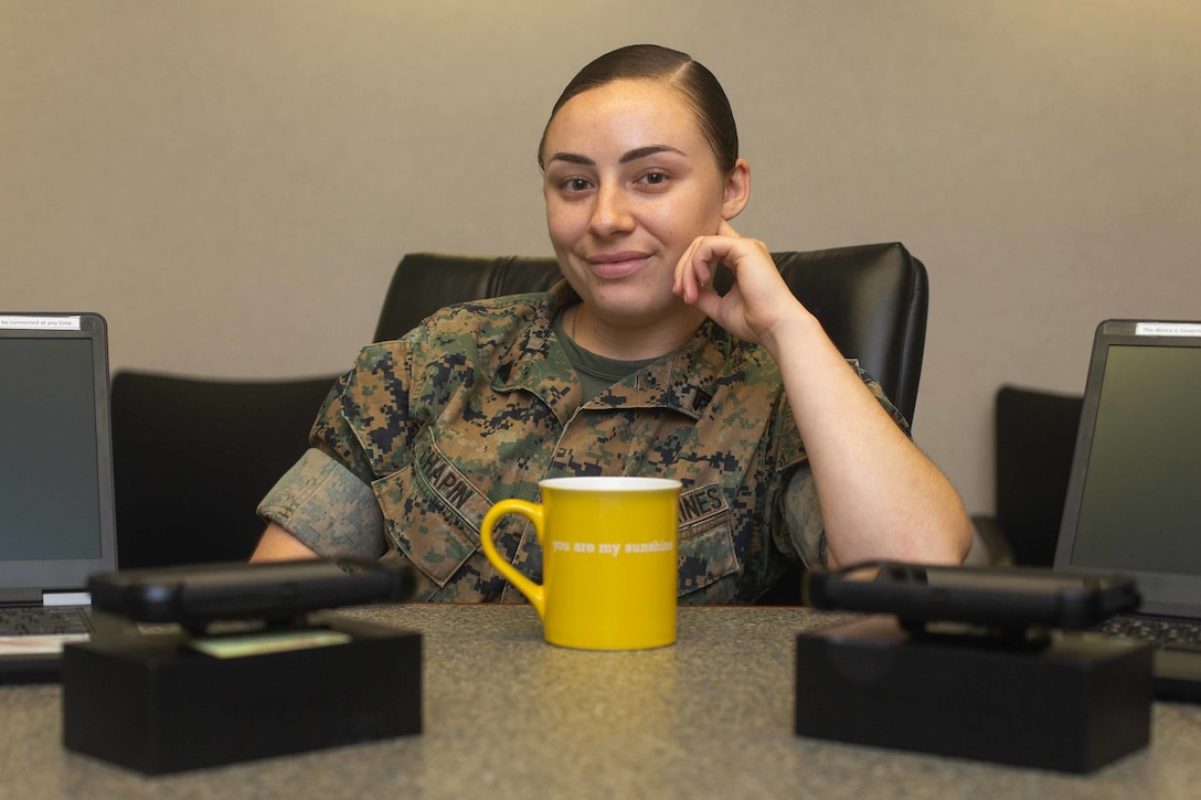 Cpl. Jordyn L. Chapin, a helpdesk/Samsung nco with, Marine Wing Headquarters Squadron 2, 2nd Marine Aircraft Wing, poses for a photo on Marine Corps Air Station Cherry Point, N.C., June 16, 2020. “Being a leader is about showing passion, dedication and selflessness to your work; encouragement, understanding and capability to others,” said Chapin, a Little Rock, Ark. native. According to her leadership, Chapin was nominated for her work ethic, can-do attitude and for motivating her Marines with her infectious spirit. (U.S. Marine Corps photo by Lance Cpl. Steven Walls)