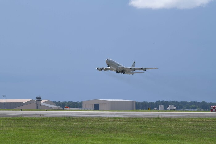 Photo shows an aircraft taking off