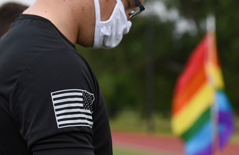 A U.S. Army AIT Soldier bows his head in prayer during a Pride Observance Month 5K run at Joint Base Langley-Eustis, Virginia, June 20, 2020.