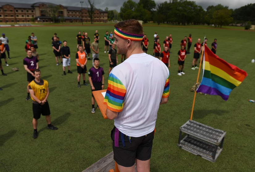 U.S. Army Sgt. Jimmy D. Tingle, Medical Department Activity patient administration specialist, speaks to AIT Soldiers during a Pride Observance Month 5K run at Joint Base Langley-Eustis, Virginia, June 20, 2020.