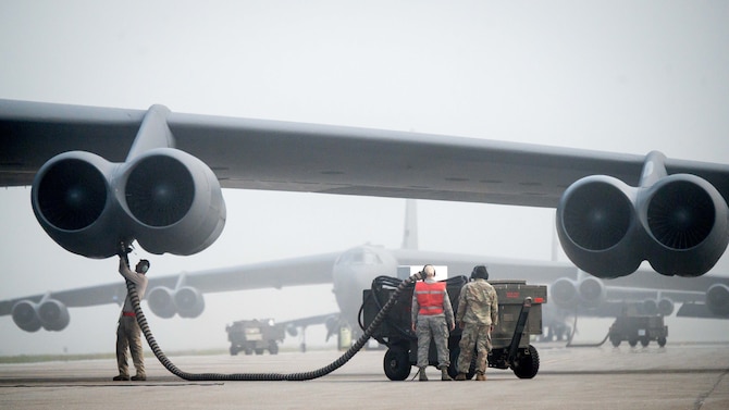 Airmen from the 96th Aircraft Maintenance Squadron, prepare a B-52H Stratofortress prior to take off at Eielson Air Force Base, Alaska, during a Bomber Task Force mission, June 16, 2020.