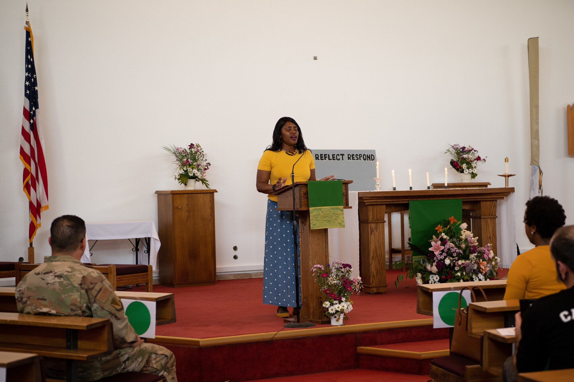 U.S. Army Staff Sgt. Melissa Lampley, 569th Human Resources Company, 16th Sustainment Brigade postal platoon sergeant, speaks during the Juneteenth: Vigil for Healing event at Ramstein Air Base, Germany, June 19, 2020.