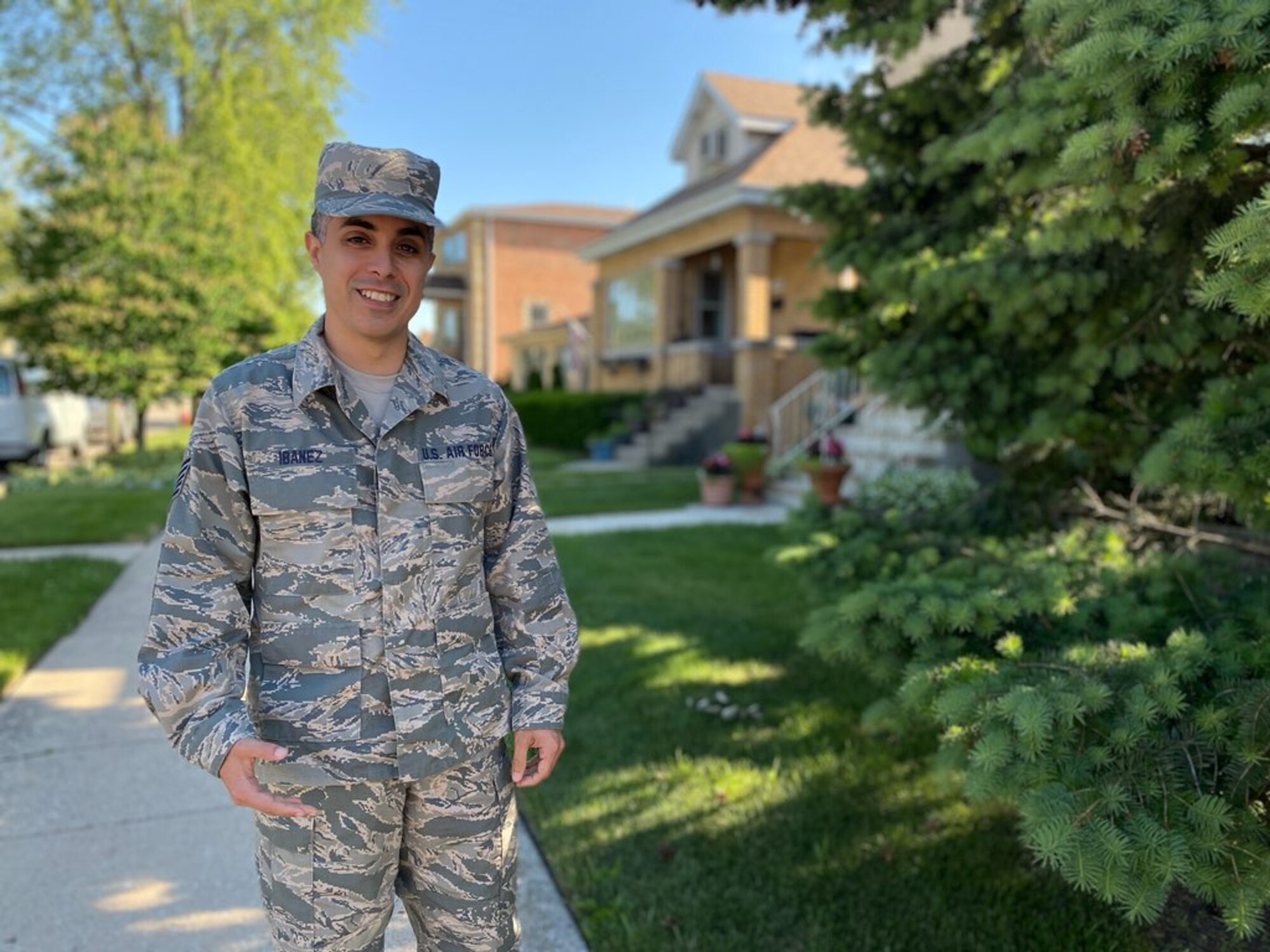 Tech. Sgt. Brandon Ibanez, a cyber intelligence analyst with the 854th Combat Operations Squadron, stands for a photo outside his home in Chicago, Illinois, June 15, 2020. Ibanez’s role in his unit requires him to analyze intelligence and triangulate technical, geographical and operational information to provide situational awareness for leadership. (Courtesy photo by Anna Czekaj)