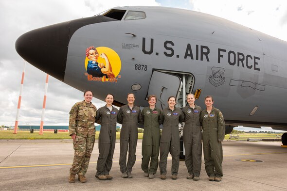 Aircrew members pose for a photo in front of the “Boss Lady” KC-135 Stratotanker at RAF Mildenhall, England, June 18, 2020. The two female aircrews refueled B-2 Spirits over the North Sea as part of a training mission. (U.S. Air Force photo by Airman 1st Class Joseph Barron)
