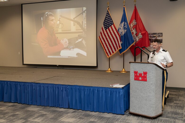 U.S. Army Corps of Engineers (USACE) Vicksburg District Commander Col. Robert Hilliard announces the inaugural Gregory C. Raimondo Public Affairs Award during the district's Engineer's Day Award Ceremony June 25, 2020. Raimondo, the district's former public affairs chief, died in 2018.