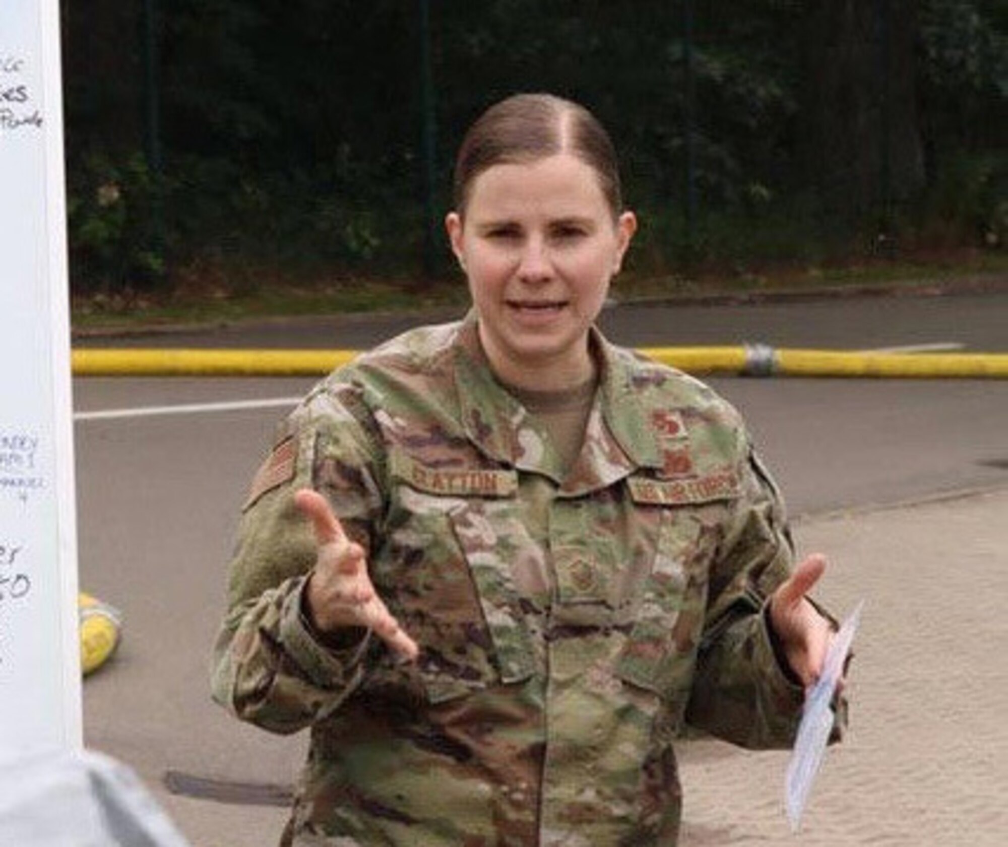 U.S. Air Force Master Sgt. Jessica Clayton, 786th Civil Engineer Squadron Emergency Management Operations noncommissioned officer in charge, gives a safety and team objective brief to responders at Landstuhl Regional Medical Center, Germany, June 16, 2020.