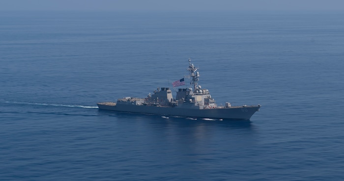 USS Roosevelt (DDG 80) conducts a photo exercise with the Santa Maria-class frigate SPS Santa Maria (F81),