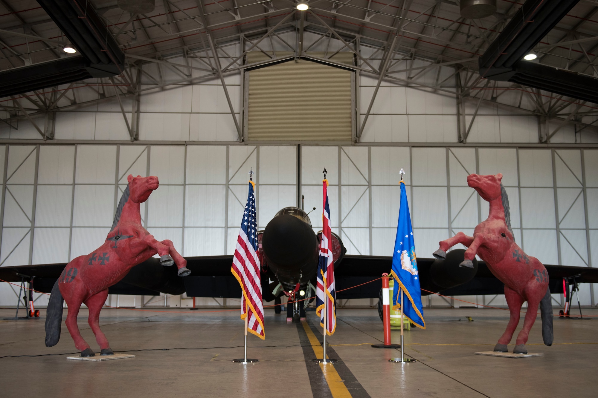 A U-2 Lockheed aircraft stands on display during the 99th Expeditionary Reconnaissance Squadron change of command ceremony, at RAF Fairford, England, June 24, 2020. The change of command ceremony is a military tradition that represents a formal transfer of a unit’s authority and responsibility from one commander to another. (U.S. Air Force photo by Airman 1st Class Jennifer Zima)