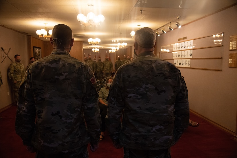 Lt. Col. Woodrow Miner, commander, 204th Maneuver Enhancement Brigade, is promoted to the rank of colonel during a ceremony at Utah National Guard headquarters in Draper, Utah,  June 17, 2020, with a date of rank May 21, 2020.