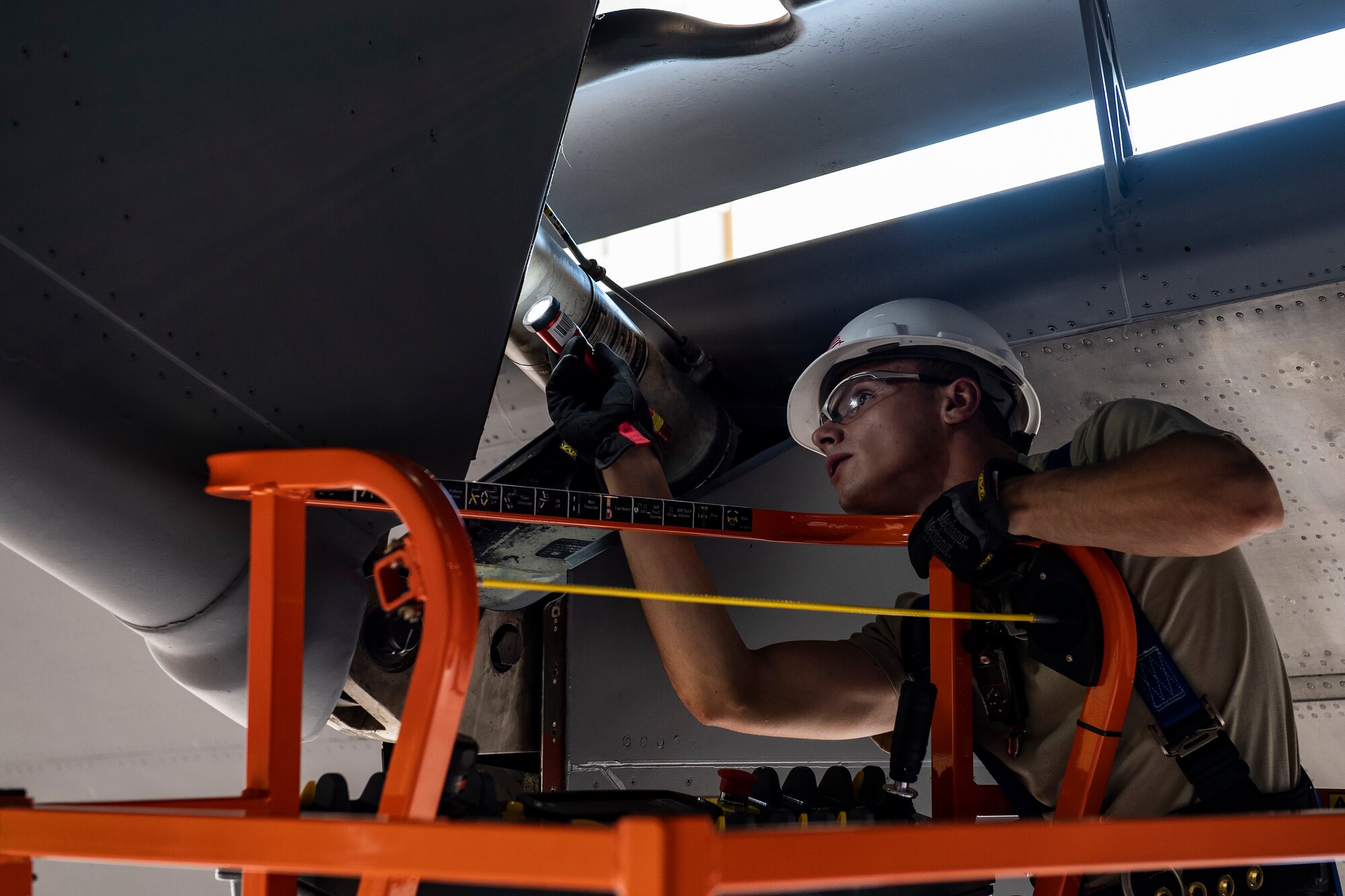 Airman 1st Class Luke Morrow, 911th Maintenance Squadron crew chief, inspects hydraulic lines on a C-17 Globemaster III at the Pittsburgh International Airport Air Reserve Station, Pennsylvania, June 25, 2020.