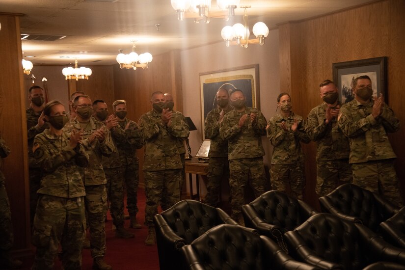 Lt. Col. Woodrow Miner, commander, 204th Maneuver Enhancement Brigade, is promoted to the rank of colonel during a ceremony at Utah National Guard headquarters in Draper, Utah,  June 17, 2020, with a date of rank May 21, 2020.