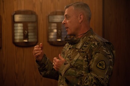 Lt. Col. Woodrow Miner, commander, 204th Maneuver Enhancement Brigade, is promoted to the rank of colonel during a ceremony at Utah National Guard headquarters in Draper, Utah,  June 17, 2020, with a date of rank May 21, 2020.