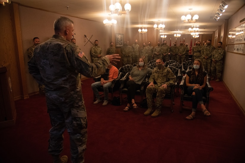 Lt. Col. Woodrow Miner, commander, 204th Maneuver Enhancement Brigade, is promoted to the rank of colonel during a ceremony at Utah National Guard headquarters in Draper, Utah,  June 17, 2020, with a date of rank May 21, 2020.