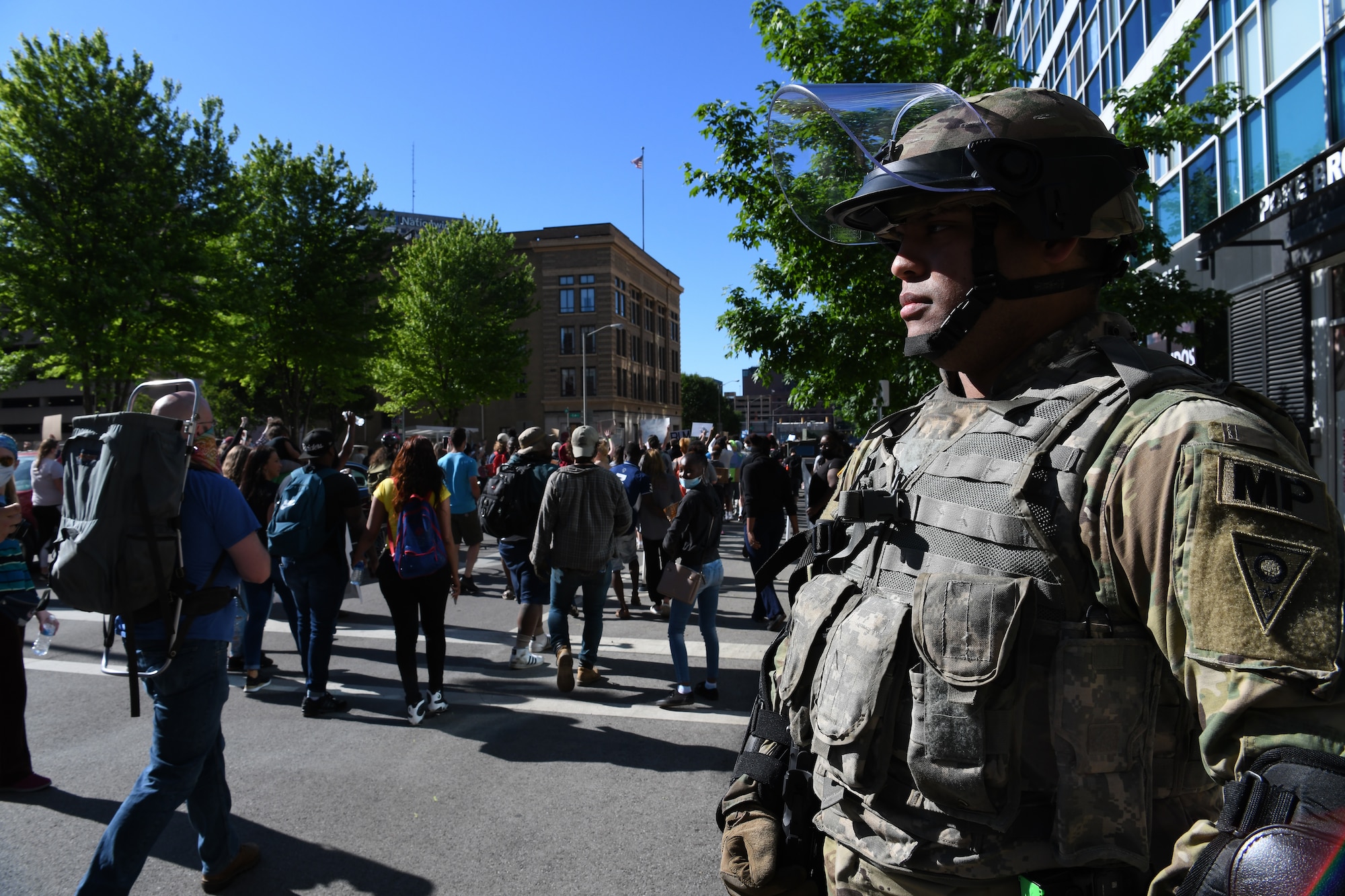 Cpl. James Target, an Ohio Army National Guard military police team leader, stands guard during ongoing protests May 31, 2020, in downtown Columbus, Ohio. Gov. Mike DeWine activated the Ohio National Guard to assist local law enforcement in Columbus and Cleveland with providing safety and protection to the community, while ensuring people’s right to gather and demonstrate peacefully.