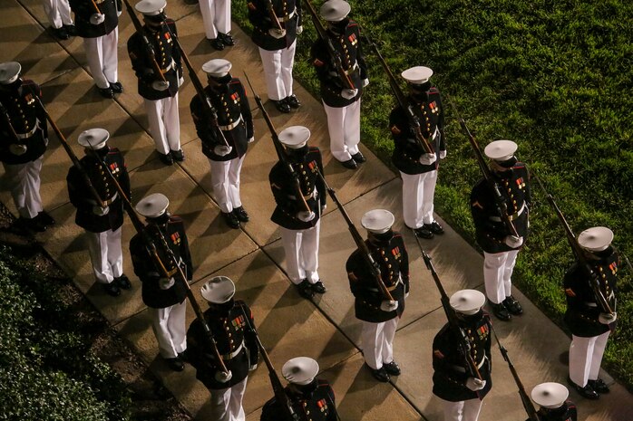 The Silent Drill Platoon conducts a full dress rehearsal in preparation for the upcoming Friday Evening Parades at the Oldest Post of the Corps, Washington, D.C., June 24.