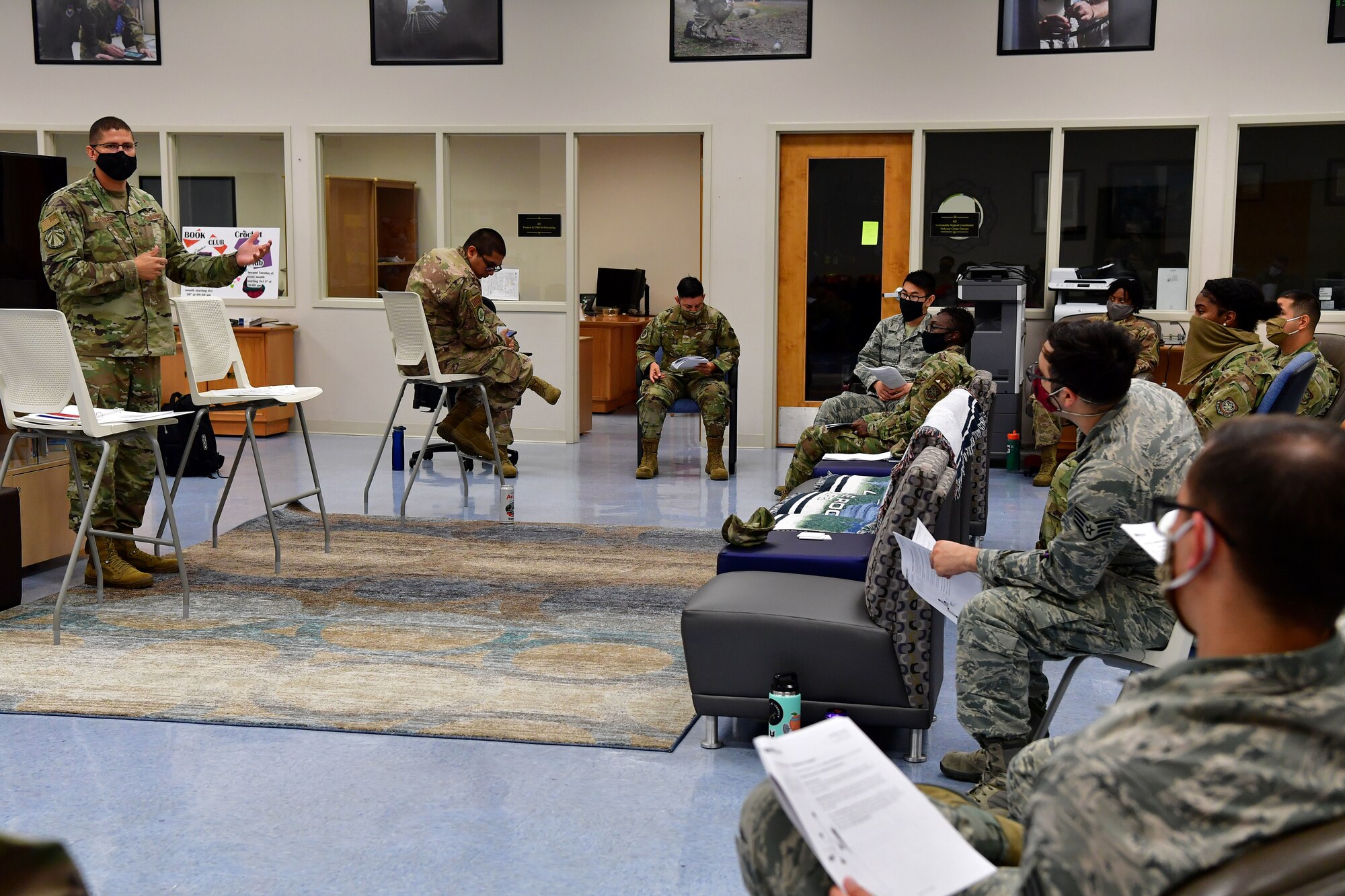 Senior Master Sgt. Brock Atchley, 19th Force Support Squadron career assistance advisor, teaches a class on professional development during Wingman Day at Little Rock Air Force Base.