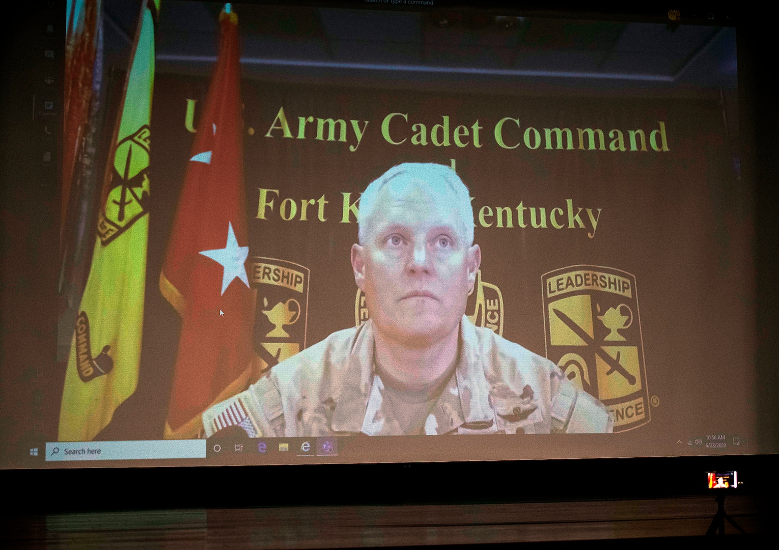 Maj. Gen. John R. Evans Jr., commanding general, U.S. Army Cadet Command, speaks during the 5th Brigade change of command by live video stream June 23.