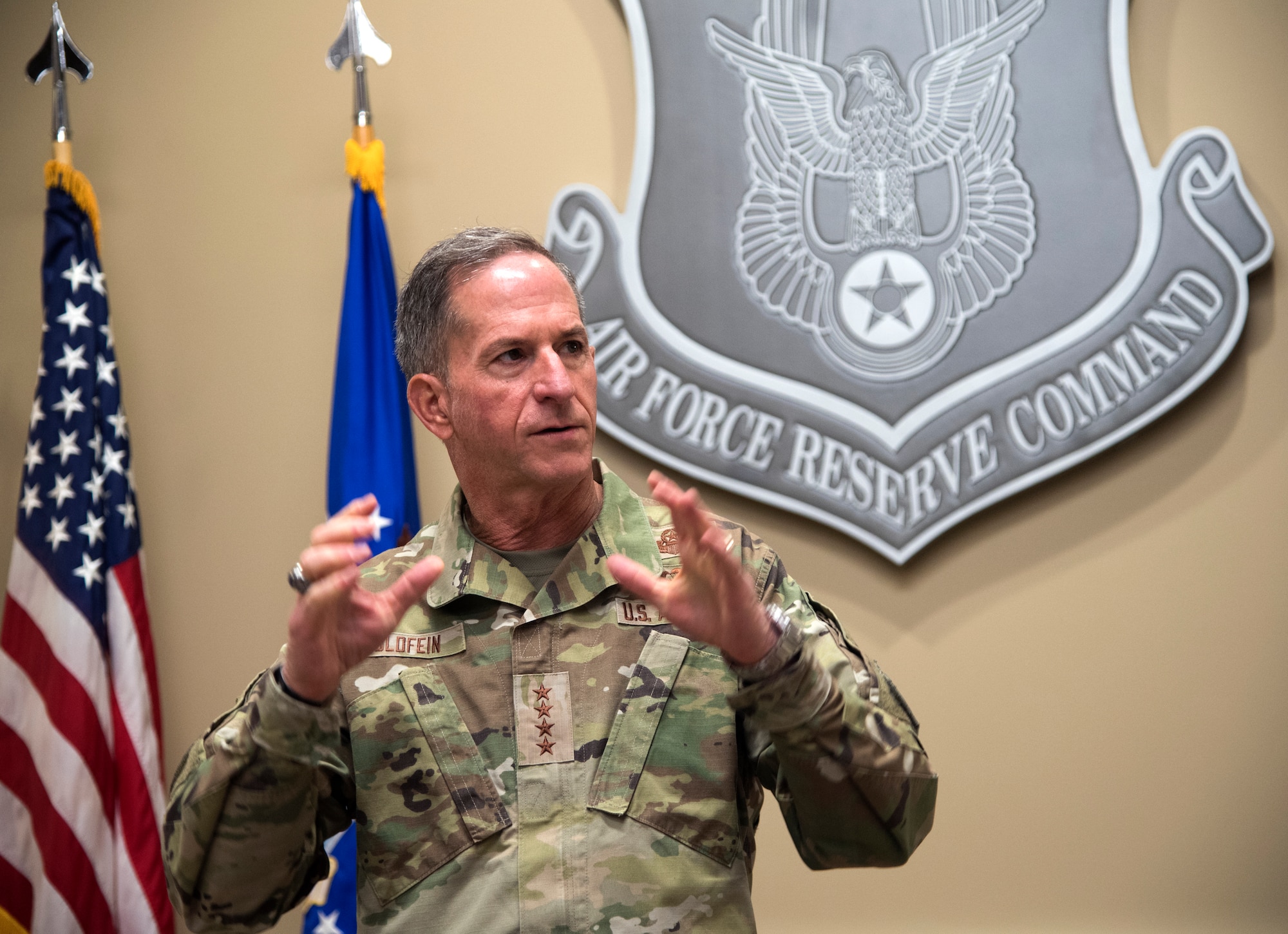 Photo of Air Force Chief of Staff Gen. David L. Goldfein speaking to members of Air Force Reserve Command during his visit to Robins Air Force Base, Georgia, June 24, 2020.