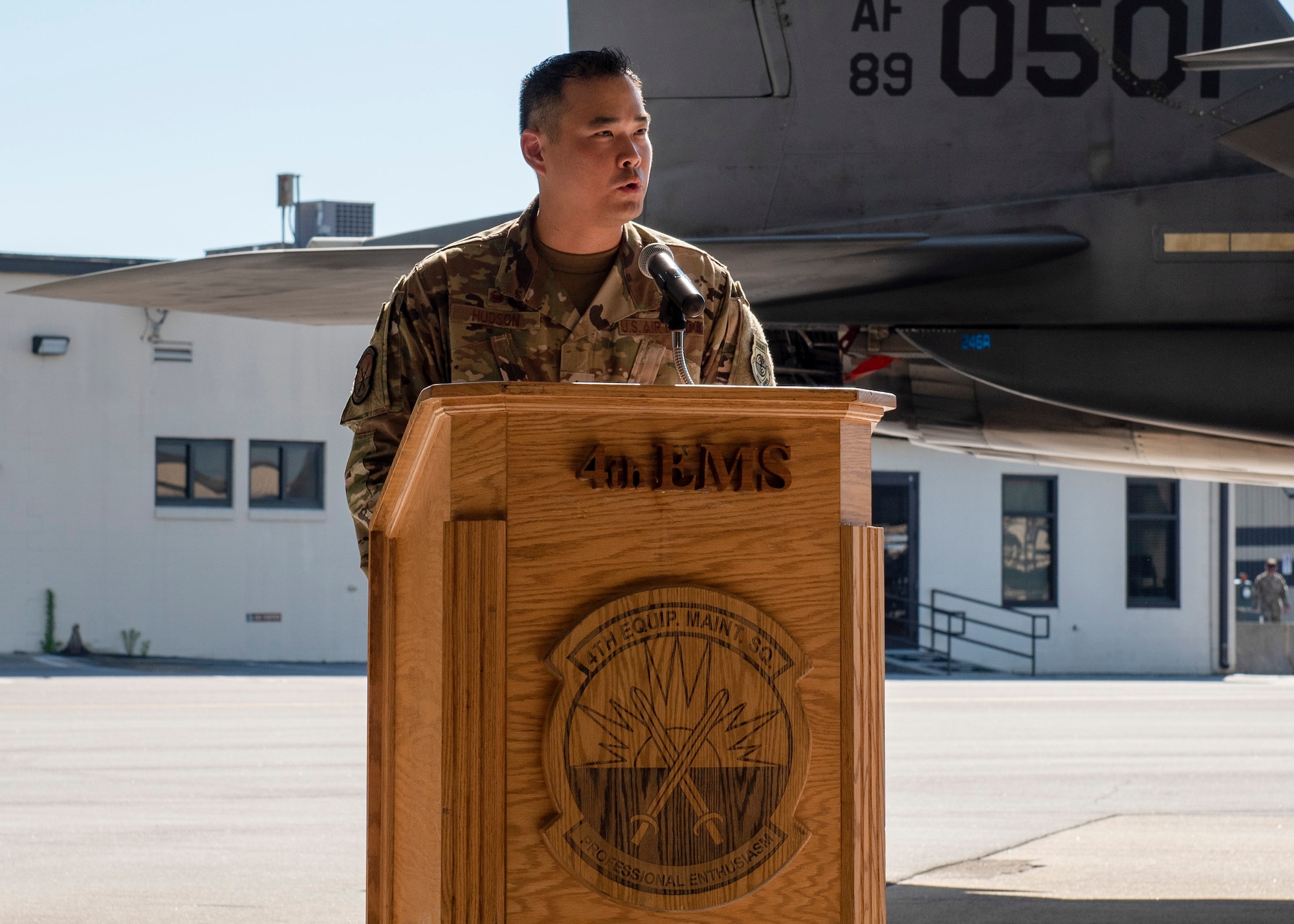 Maj. Ryan B. Hudson, 4th Equipment Maintenance Squadron commander, speaks during a change of command ceremony at Seymour Johnson Air Force Base, North Carolina, June 26, 2020.