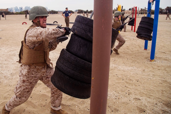 A recruit with Mike Company, 3rd Recruit Training Battalion participates in the Bayonet Assault course at Marine Corps Recruit Depot, San Diego, June 24, 2020.