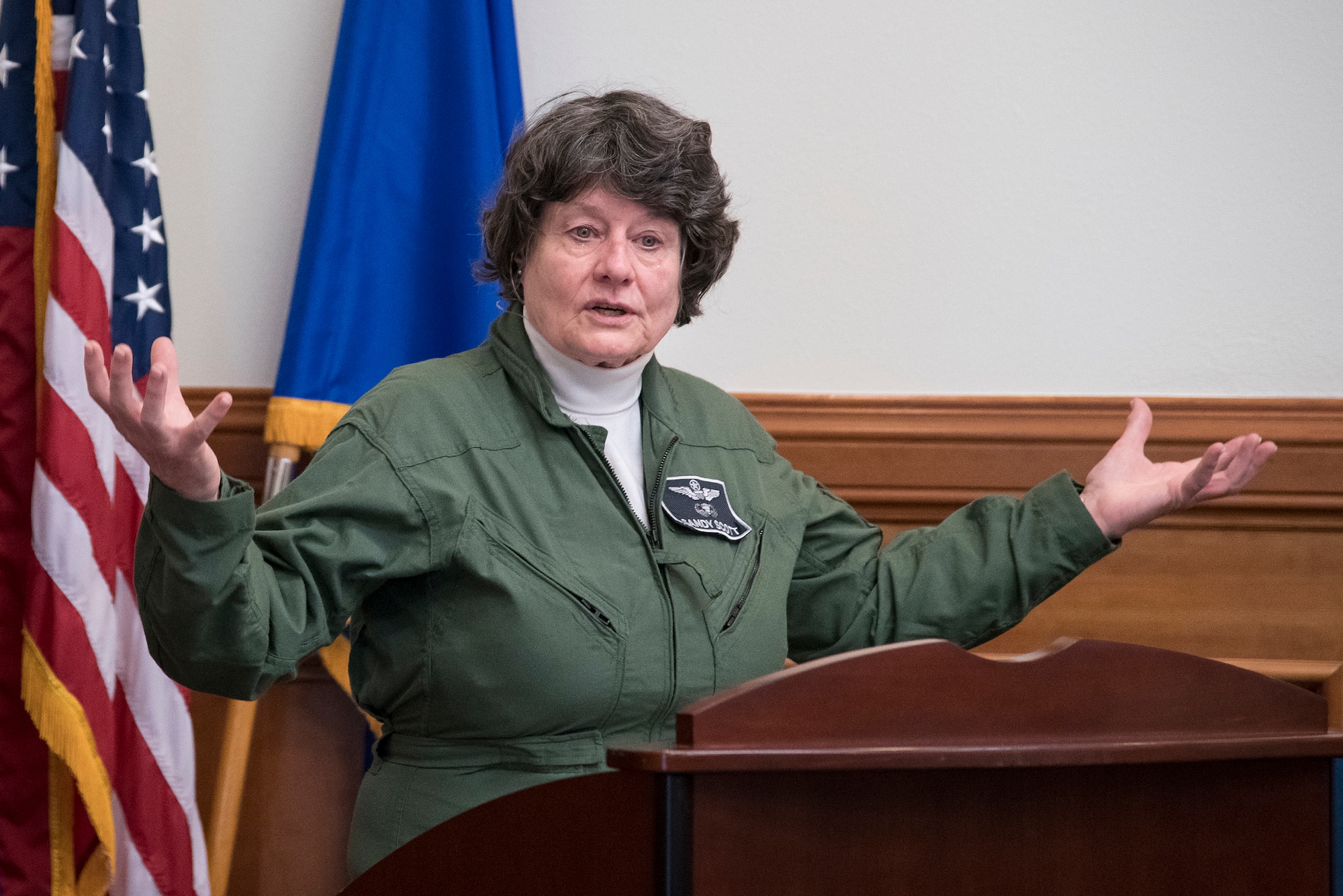 Retired U.S. Air Force Lt. Col. Sandra Scott speaks about her experiences in undergraduate pilot training during the Trailblazer Room dedication ceremony June 29, 2020, at Joint Base San Antonio-Randolph, Texas. Located in the AETC headquarters main building, the newly renamed Trailblazer Room was dedicated to the first 10 women who earned their silver wings Sept. 2, 1977. (U.S. Air Force photo by Sean M. Worrell)