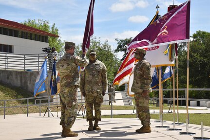 Gen. James C. McConville (right), U.S. Army Chief of Staff, hosts the assumption of command ceremony for the U.S Army Surgeon General and Commanding General, U.S. Army Medical Command, Lt. Gen. R. Scott Dingle (left), who assumes duties over the U.S. Army Medical Command at the Army Medical Department museum at Joint Base San Antonio-Fort Sam Houston June 24.