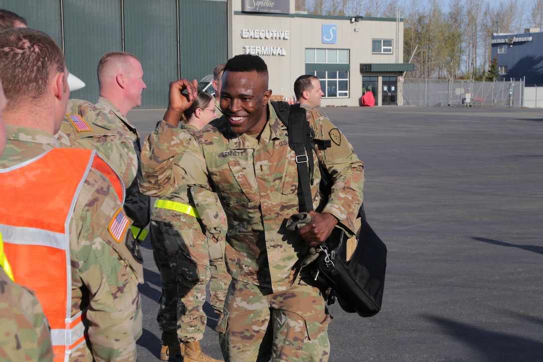 On May 13, 2020, more than 80 Soldiers assigned to the Alaska Army National Guard’s 297th Regional Support Group departed from the Ted Stevens International’s Kulis airfield for a deployment to Poland in order to provide support for U.S. Army Europe’s Atlantic Resolve mission. (U.S. Army National Guard photo by Sgt. Seth LaCount/Released)