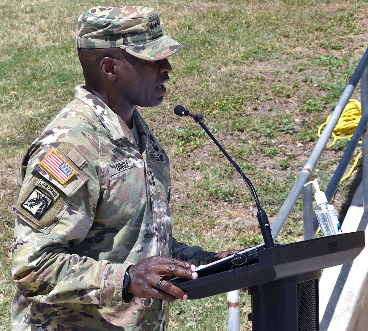 U.S. Army Surgeon General and commanding general, U.S. Army Medical Command, Lt. Gen. R. Scott Dingle, addresses the audience during his assumption of command ceremony at the AMEDD museum at Joint Base San Antonio-Fort Sam Houston June 24.