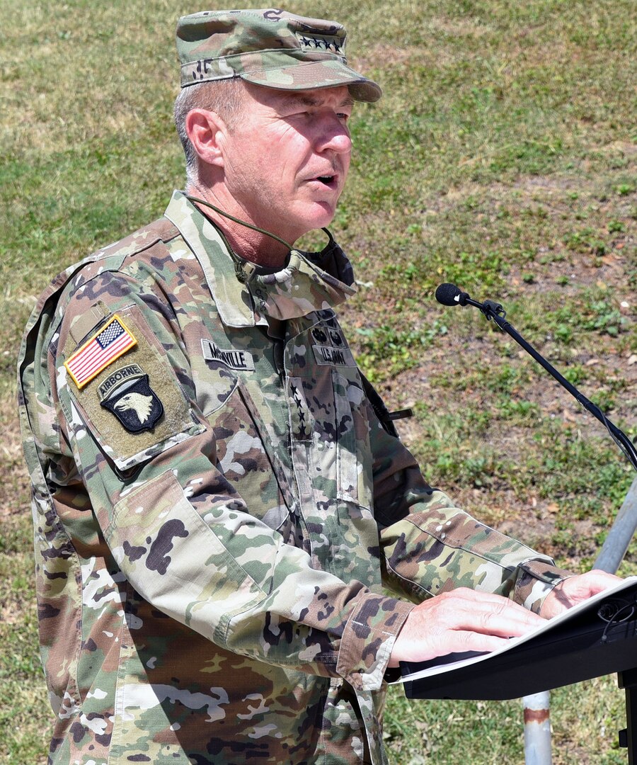 Gen. James C. McConville, Chief of Staff of the U.S. Army, addresses the audience during the assumption of command ceremony for the U.S. Army Surgeon General and commanding general, U.S. Army Medical Command at Joint Base San Antonio-Fort Sam Houston June 24.