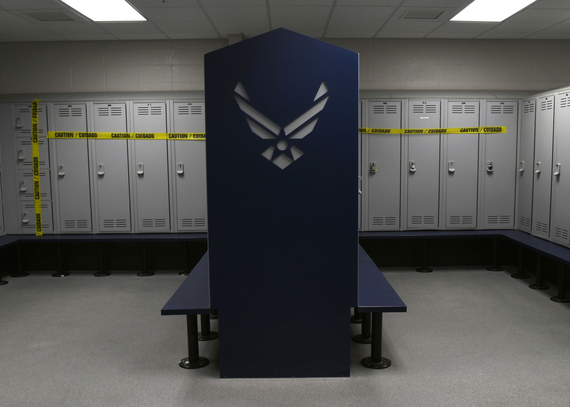 Lockers in the men’s locker room are blocked off to practice social distancing June 19, 2020, at McConnell Air Force Base, Kansas. The locker rooms are available for use for the first time since the start of the pandemic. (U.S. Air Force photo by Tech. Sgt. Jennifer Stai)