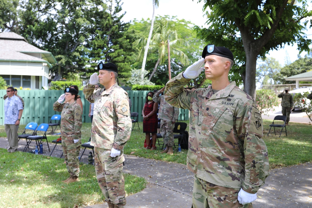 The U.S. Army Corps of Engineers Honolulu District welcomed new leadership today as Lt. Col. Eric S. Marshall (right) assumed command from Lt. Col. Kathryn P. Sanborn (center left) during a modified change of command ceremony at Fort Shafter’s Palm Circle Gazebo.