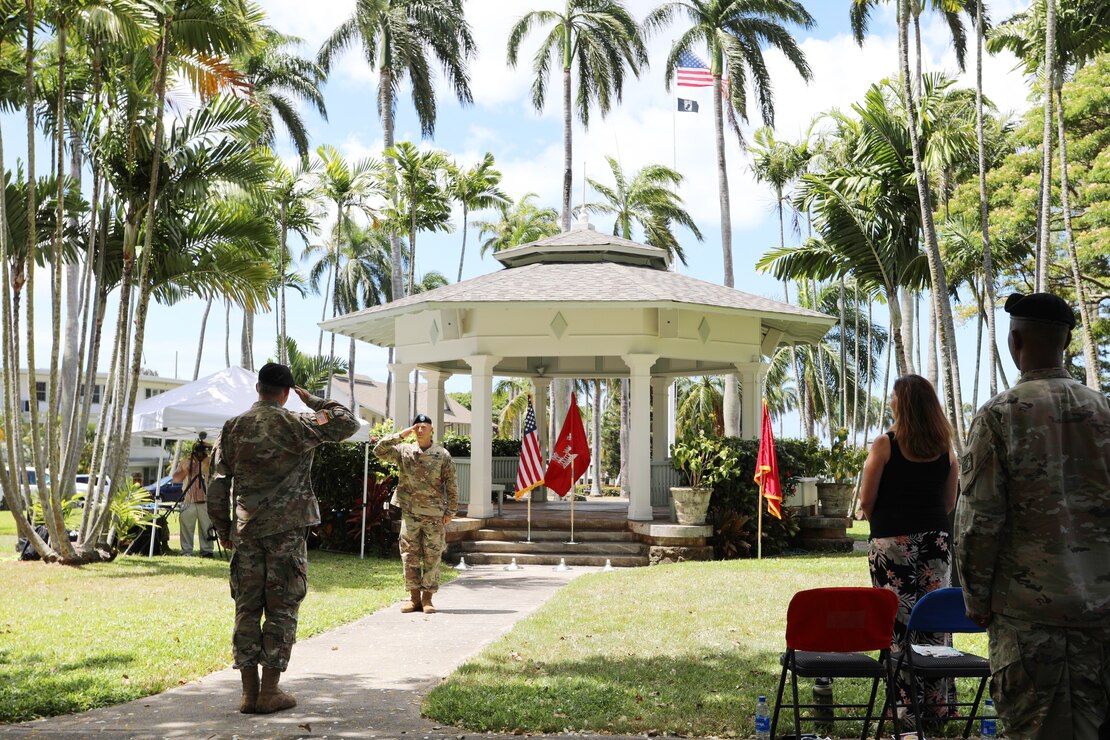 The U.S. Army Corps of Engineers Honolulu District welcomed new leadership today as Lt. Col. Eric S. Marshall (right) assumed command from Lt. Col. Kathryn P. Sanborn (center left) during a modified change of command ceremony at Fort Shafter’s Palm Circle Gazebo.