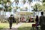 The U.S. Army Corps of Engineers Honolulu District welcomed new leadership today as Lt. Col. Eric S. Marshall (right) assumed command from Lt. Col. Kathryn P. Sanborn (center left) during a modified change of command ceremony at Fort Shafter’s Palm Circle Gazebo.