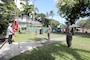 The U.S. Army Corps of Engineers Honolulu District welcomed new leadership today as Lt. Col. Eric S. Marshall (right) assumed command from Lt. Col. Kathryn P. Sanborn (center left) during a modified change of command ceremony at Fort Shafter’s Palm Circle Gazebo.