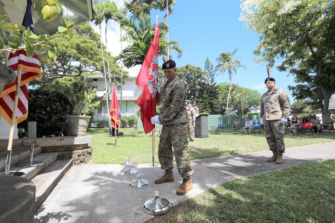 The U.S. Army Corps of Engineers Honolulu District welcomed new leadership today as Lt. Col. Eric S. Marshall (right) assumed command from Lt. Col. Kathryn P. Sanborn (center left) during a modified change of command ceremony at Fort Shafter’s Palm Circle Gazebo