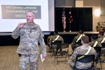 Maj. Gen. Dennis LeMaster, commander, U.S. Army Medical Center of Excellence, speaks to AIT Soldiers during the MEDCoE Army National Hiring Days Soldier Forum June 26