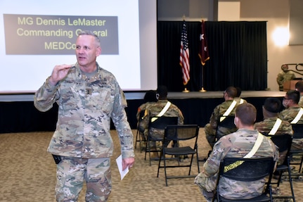 Maj. Gen. Dennis LeMaster, commander, U.S. Army Medical Center of Excellence, speaks to AIT Soldiers during the MEDCoE Army National Hiring Days Soldier Forum June 26