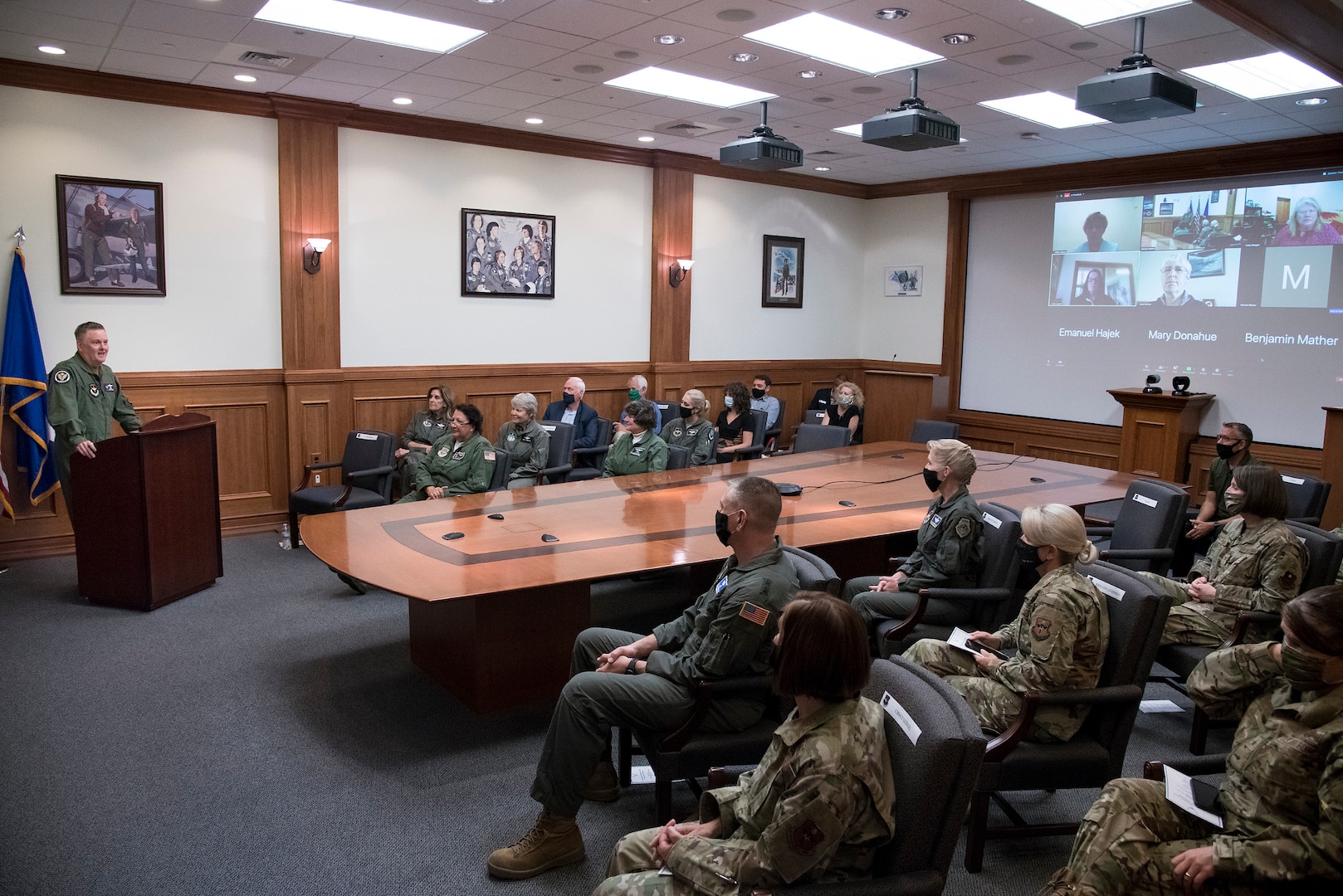 Lt. Gen. Brad Webb, commander of Air Education and Training Command, speaks to Undergraduate Pilot Training Class 77-08 during the Trailblazer Room dedication ceremony June 29, 2020, at Joint Base San Antonio-Randolph, Texas. Located in the AETC headquarters main building, the newly renamed Trailblazer Room was dedicated to the first 10 women who earned their silver wings Sept. 2, 1977. (U.S. Air Force photo by Sean M. Worrell)