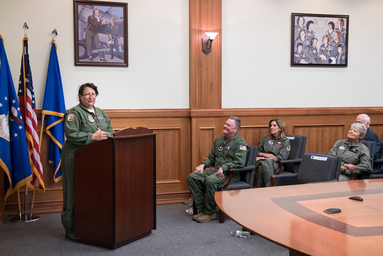 Retired U.S. Air Force Col. Kathleen Cosand speaks about her experiences during undergraduate pilot training during the Trailblazer Room dedication ceremony June 29, 2020, at Joint Base San Antonio-Randolph, Texas. Located in the AETC headquarters main building, the newly renamed Trailblazer Room was dedicated to the first 10 women who earned their silver wings Sept. 2, 1977. (U.S. Air Force photo by Sean M. Worrell)