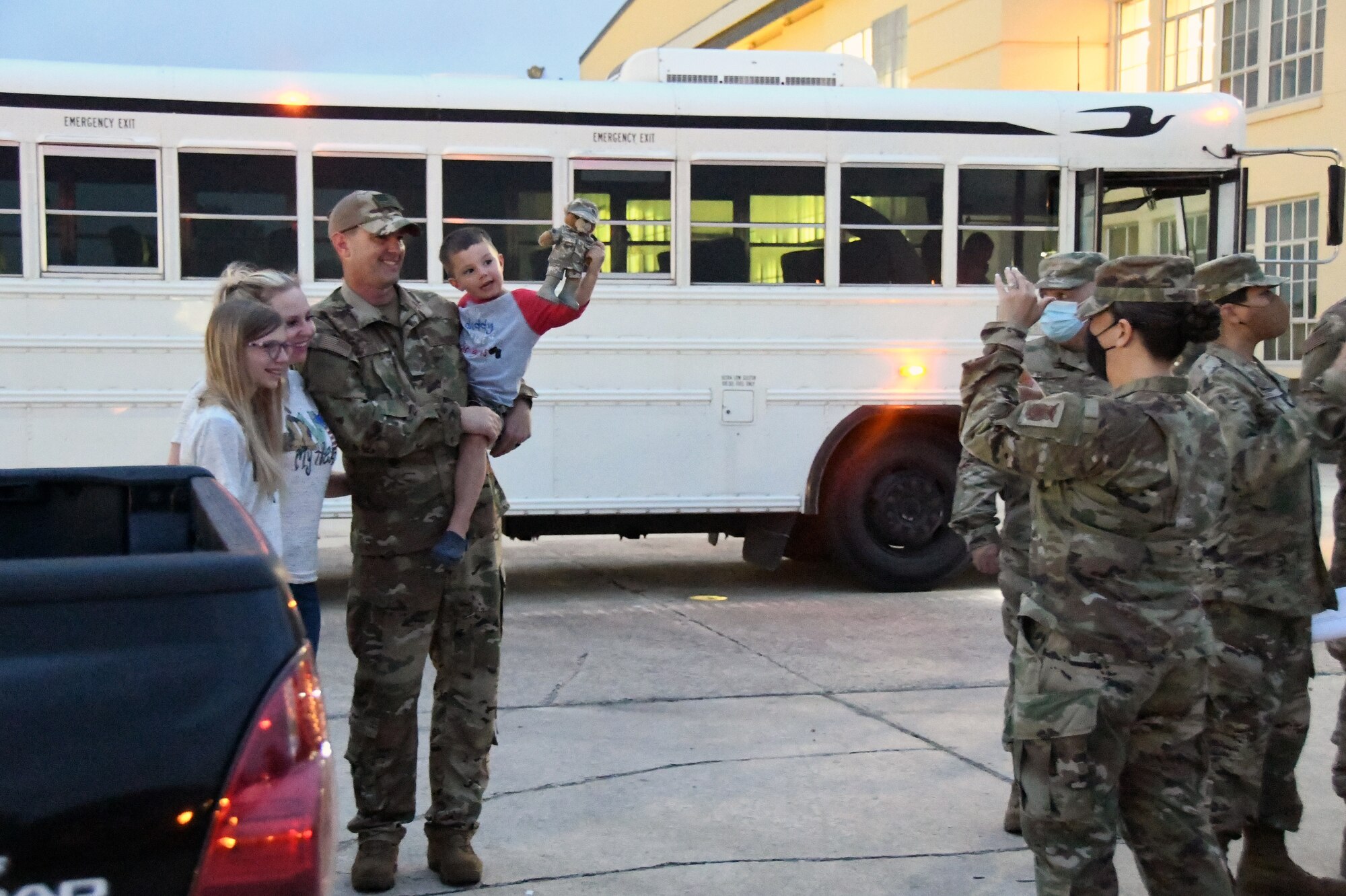 Master Sgt. Andrew Weertman, 433rd Civil Engineer Squadron assistant chief of operations; his wife, Ali; step-daughter, Abby; and son, Kason; pose while Maj. Leigh Barker, 433rd CES commander, takes their photo June 28, 2020 at Joint Base San Antonio-Lackland, Texas.