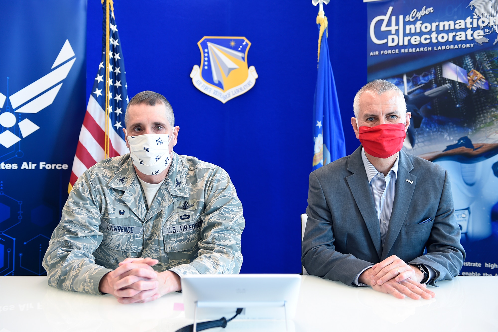 Col. Timothy Lawrence, director of AFRL’s Information Directorate, and Dr. Michael Hayduk, deputy director, participate in a first-of-its-kind virtual quantum collider pitch event June 15-16, from Rome, N.Y. The Air Force Research Laboratory awarded $5.25 million to 23 small businesses during the event. (Courtesy photo)