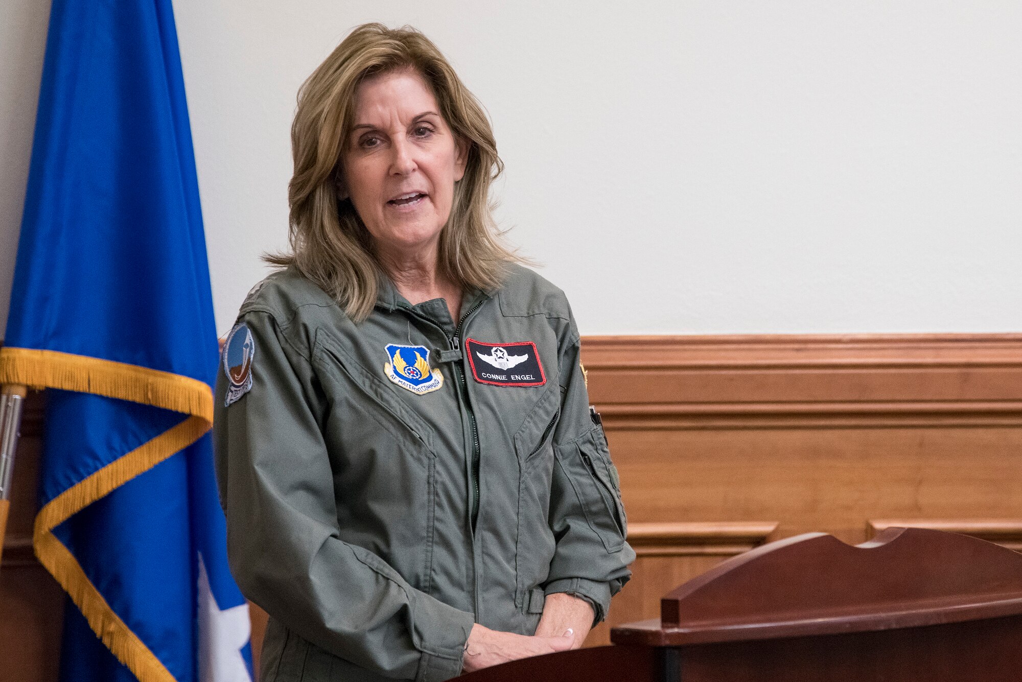 Retired U.S. Air Force Lt. Col. Connie Engel speaks about her experiences in undergraduate pilot training during the Trailblazer Room dedication ceremony June 29, 2020, at Joint Base San Antonio-Randolph, TX. Located in the AETC headquarters main building, the newly renamed Trailblazer Room was dedicated to the first 10 women who earned their silver wings Sept. 2, 1977. (U.S. Air Force photo by Sean M. Worrell)